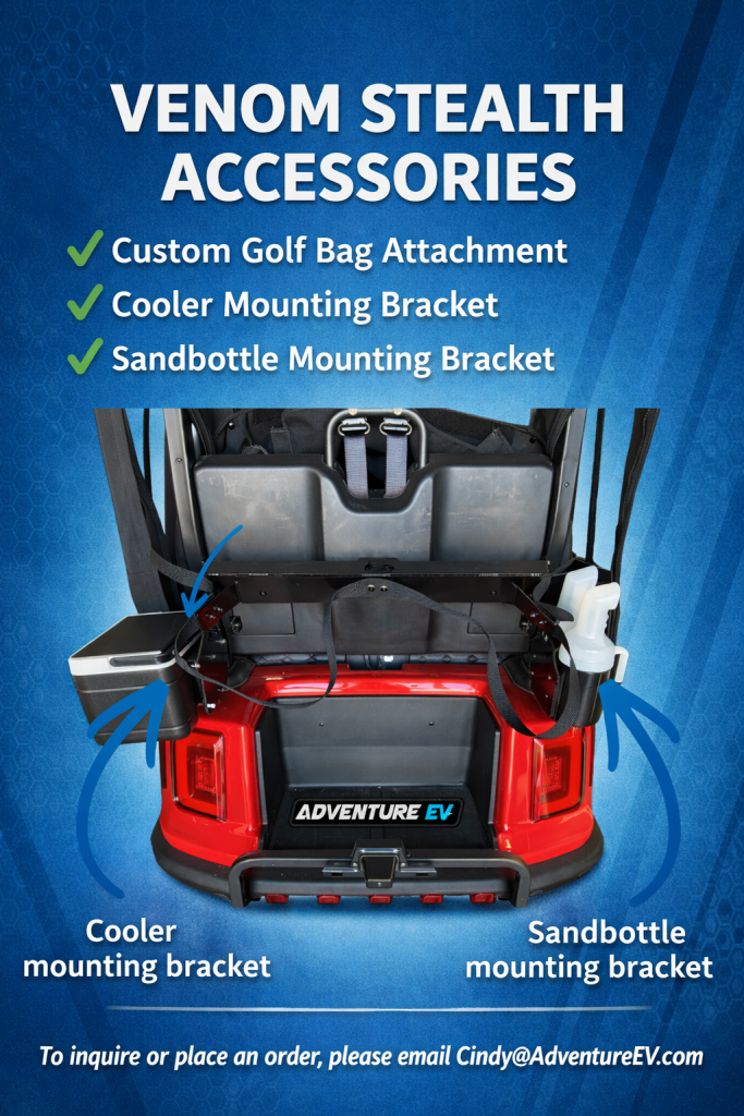 Venom EV Stealth golf cart with exclusive Adventure EV accessories