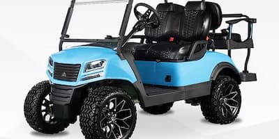 Four-seat blue golf cart with rugged tires