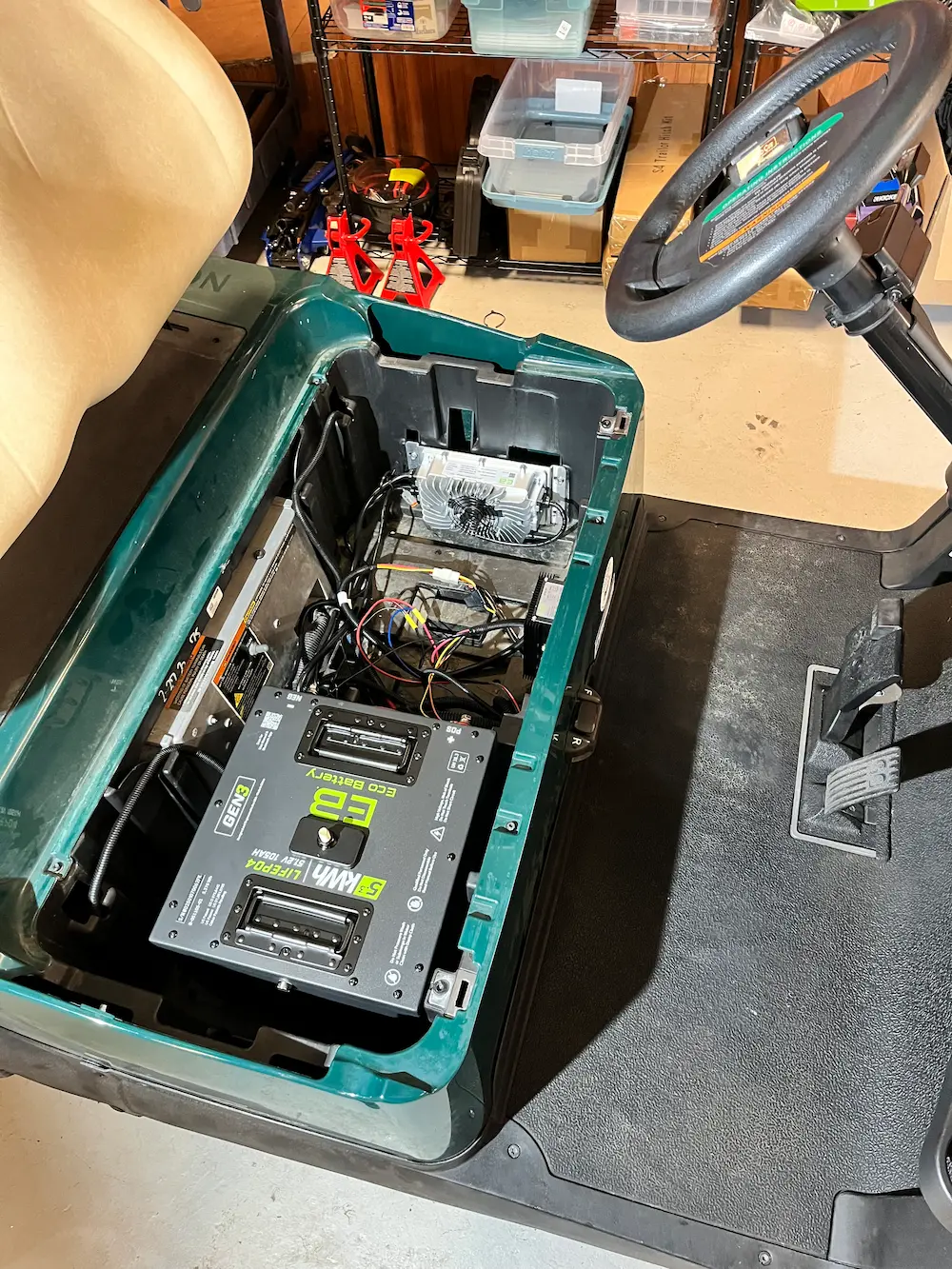 Interior of a vehicle with visible wiring components