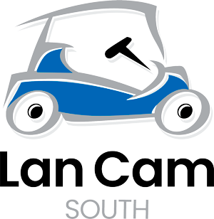 Logo featuring a stylized golf cart design