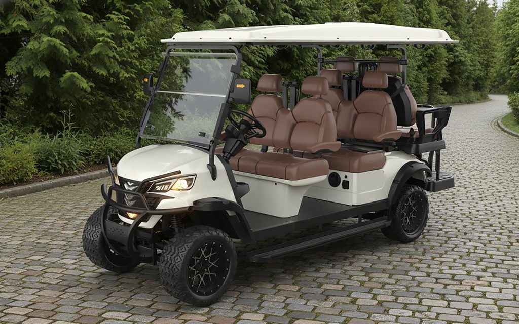 2026 Boca EV Stallion Lifted White w Brown Seats Lithium 6 Passenger Golf Cart